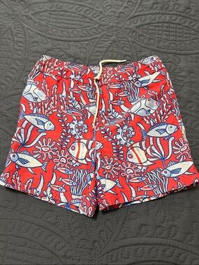 Janie and Jack Red Fish-Print Swim Shorts with Blue & White Accents